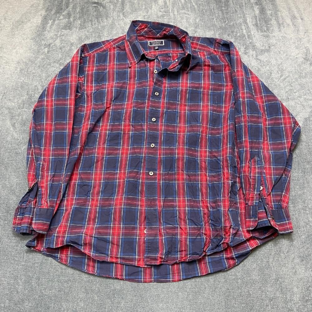 Club Room Dress Shirt Mens 17.5 34-35 Red Blue Plaid Cotton Regular Fit Formal